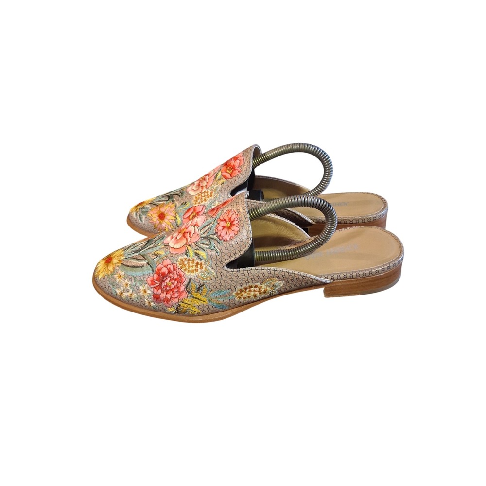 Johnny Was Floral Embroidered Mules Beige Boho Leather Flats JW82022 Size 9